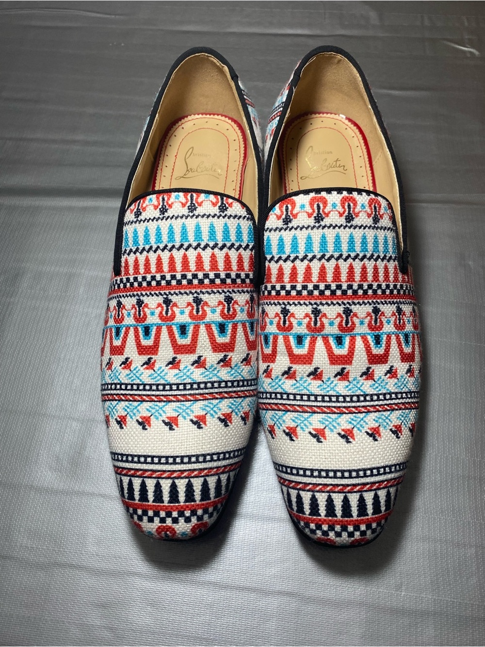 Christian Louboutin Men's Patterned Canvas Slip-Ons in Red, Blue & Black